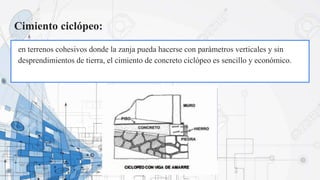 Cimiento ciclópeo:
en terrenos cohesivos donde la zanja pueda hacerse con parámetros verticales y sin
desprendimientos de tierra, el cimiento de concreto ciclópeo es sencillo y económico.
 