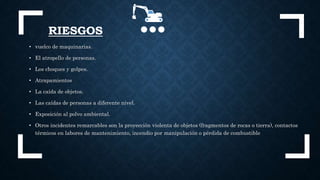 RIESGOS
• vuelco de maquinarias.
• El atropello de personas.
• Los choques y golpes.
• Atrapamientos
• La caída de objetos.
• Las caídas de personas a diferente nivel.
• Exposición al polvo ambiental.
• Otros incidentes remarcables son la proyección violenta de objetos (fragmentos de rocas o tierra), contactos
térmicos en labores de mantenimiento, incendio por manipulación o pérdida de combustible
 