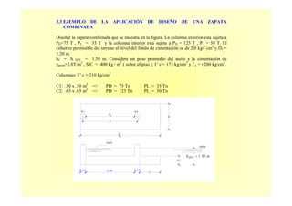 3.3 EJEMPLO DE LA APLICACIÓN DE DISEÑO DE UNA ZAPATA
COMBINADA
Diseñar la zapata combinada que se muestra en la figura. La columna exterior esta sujeta a
PD=75 T , PL = 35 T y la columna interior esta sujeta a PD = 125 T , PL = 50 T. El
esfuerzo permisible del terreno al nivel del fondo de cimentación es de 2.0 kg / cm2
y Df =
1.20 m.
hf = h NPT = 1.50 m. Considere un peso promedio del suelo y la cimentación de
γprom=2.0T/m3
, S/C = 400 kg / m2
( sobre el piso ); f ' c = 175 kg/cm2
y f y = 4200 kg/cm2
.
Columnas: f ' c = 210 kg/cm2
C1: .50 x .50 m2
=> PD = 75 Tn PL = 35 Tn
C2: .65 x .65 m2
=> PD = 125 Tn PL = 50 Tn
h2
lv
5.000.50 0.65
b
NPT
l
P1 P2
NPN
m50.1=NPTh
1l
Zl
 