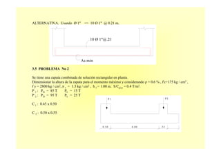 P2P1
.556.000.50
10 Ø 1"@.21
As min
ALTERNATIVA. Usando Ø 1" => 10 Ø 1" @ 0.21 m.
3.5 PROBLEMA No 2
Se tiene una zapata combinada de solución rectangular en planta.
Dimensionar la altura de la zapata para el momento máximo y considerando ρ = 0.6 % , f'c=175 kg / cm2 ,
f y = 2800 kg / cm2, σ t = 1.3 kg / cm2 , h f = 1.00 m. S/Cpiso = 0.4 T/m2.
P 1 : PD = 85 T PL = 15 T
P 2 : PD = 95 T PL = 25 T
C 1 : 0.45 x 0.50
C 2 : 0.50 x 0.55
 