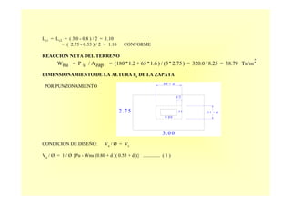 Lv1 = Lv2 = ( 3.0 - 0.8 ) / 2 = 1.10
= ( 2.75 - 0.55 ) / 2 = 1.10 CONFORME
REACCION NETA DEL TERRENO
2Tn/m38.798.25/320.0)2.75*(3/)1.6*651.2*(180zapA/uPnuW ==+==
.5 5 + d2 .7 5
3 .0 0
0 .8 0
.5 5
.8 0 + d
d /2
DIMENSIONAMIENTO DE LA ALTURA hz DE LA ZAPATA
POR PUNZONAMIENTO
CONDICION DE DISEÑO: Vu / Ø = Vc
Vu / Ø = 1 / Ø {Pu - Wnu (0.80 + d )( 0.55 + d )} .............. ( 1 )
 