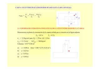 CASO 4: EXCENTRICIDAD ALREDEDOR DE DOS EJES (CARGA BIAXIAL)
2I
2c2eP
1I
1c1eP
zA
P
maxσ ++=
e1
1
2
1
e2
2
P
1.1 EJEMPLO ILUSTRATIVO: INFLUENCIA DE LA EXCENTRICIDAD DE LA CARGA
Dimensionar en planta la cimentación de la zapata aislada que se muestra en la figura adjunta.
σ t = 3.5 Kg/cm2 para Df = 1.70 m , hf = 2.0 m
γ m = 2.1 Tn/m3 S/Cpiso = 500 Kg/m2
Columna: 0.55 * 0.80 m2
a) e = 0.00 m Area:= 3.00 * 2.75 ( 8.25 m2 )
b) e = 0.25 m
c) e = 0.70 m
d) e = 0.90 m
PD
= 180 Tn PL
= 65 Tn
P
 