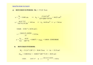 USAR : 13 Ø 1" ( 65.91 cm2 )
7.64 cma2cm64.95sAcm.8.03
240*0.175*0.85
4.2*68.25
a ==>==>==
m.0.19
12
0.0254-0.15-2.40
s ==
CONFORME0.0018minρ0.00371
74*240
65.91
db
sA
ρ =>===
b) REFUERZO INTERIOR:
Mu = 51.16 * 1.202 / 2 = 36.84 Tn-m => As = 15.13 cm2.
Asmin = 0.0018 b d = 0.0018 * 240 * 71.55 = 30.91 cm2.
m.0.20
11
0.0191-0.15-2.40
s@"4/3Ø12:USAR ==
DISEÑO POR FLEXION
a) REFUERZO SUPERIOR: Mu = 171.83 Tn-m
2cm68.25
0.9*74*4200*0.9
510*171.83
sAcm.14.80
5
74
a ===>==
 