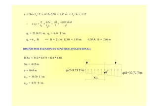 qu2=8.73 T/m
Xo
q' qu1=30.70 T/m
27
0.65)105(6
7
105
2z
l
eP6
zl
P
1,2q ±=±=∴
e = Xo - l z / 2 = 4.15 - 3.50 = 0.65 m. < l z / 6 = 1.17
q1 = 23.36 T / m, q2 = 6.64 T / m.
q1 = σ n . B => B = 23.36 / 12.08 = 1.93 m. USAR: B = 2.00 m
DISEÑO POR FLEXION EN SENTIDO LONGITUDINAL:
R Xo = 55.2 * 0.175 + 82.8 * 6.80
Xo = 4.15 m.
e = 0.65 m.
q u1 = 30.70 T / m.
q u2 = 8.73 T / m.
 