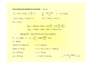 SECCIONES DE MOMENTO MAXIMO: Vx = 0
Xo = 3.77 m.
Mmáx = -198.44 + 62.04 + 28.04 = -108.36 T - m.
0
2
oX
q'.o8.73X55.2-xV =++= o3.14Xq'
zl
u2q-u1q
oX
q'
=⇒=
02
o1.57.Xo8.73X55.2- =++ 035.16-o5.56.X2
oX =+
)
3
X
.(
2
X
3.14
2
X
8.73)0.175-X(55.2-M o
2
o
2
o
omáx
++=
)0.59-1(db1750.910108.36 25
ωω××××=×∴
Si:
b = 200 cm.
108.36 * 105 = 2964.15 d2 => d = 60.46 cm.
USAR : h = 70 cm. = > d = 70 - 5 - 1.91 / 2 = 64.05 cm.
As = 49.73 cm2 = > a = 7.02 cm.
As = 47.35 cm2 = > 17 Ø 3/4 " @ 0.12 m.
0.10
175
4200
0.004.
'f
f
.0.004
c
y
===⇒= ρωρ
0.12
16
0.0019-0.15-2
s ==
 