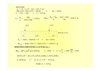 WNu=42.11 T/m
126 T
.25 6.525 .825
154 T
SOLUCION
σ n = 13 - 1 x 2.1 - 0.4 = 10.5 T / m2
100 x 0.25 + 120 x 6.775 = 220 Xo => Xo = 3.80 m.
l z = 2 Xo = 7.60 => l v = 0.55 m.
m2.75
7.60x10.5
220
l
A
b
z
z
=== m./T36.84
7.60
154.0126.0
zl
2uPiuP
NuW =
+
=
+
=
Vu = -126.0 + 36.84 Xo = 0 => Xo = 3.42 m.
MUmax = 36.84 x 3.422 / 2 – 126.0 ( 3.17 ) = -183.97 T - m
DIMENSIONAMIENTO DE LA ALTURA ( h2 ) :
)ω0.59-1(ω2dbc'fØuM = 0.096
175
2800
0.006
c'f
yf
ρω0.006ρ ===⇒=
183.97 x 105 = 0.9 x 175 x 275 d2 x 0.096 ( 1 - 0.59 x 0.096 )
d = 68.48 cm => h = d + 5 + 1.27 = 74.75 cm.
USAR: h z = 0.75 m.
 