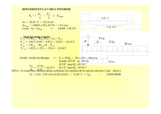 REFUERZO EN LA CARGA INFERIOR
As = 20.28 / 2 = 10.14 cm2
As min = 0.0033 x 50 x 82.78 = 13.8 cm2
Como As < Asmin => USAR 5 Ø 3/4"
mins
ss
s A
2
A
~
3
A
A ≥=
−−
+
5 Ø 3/4"
4 Ø 1"
DISEÑO POR CORTE
Wvu
V1u
P d
WNu
V2u
V 1u = ( WNu - WVu ) ( t 1 + d ) - P 1u
V 1u = 102.1 ( 0.50 + 0.83 ) - 125.6 = 10.19 T
V 2u = ( WNu - WVu ) S - P 1u
V 2u = 102.1 ( 1.35 ) - 125.6 = 12.24 T
USAR: Estribo de Montaje => S ≤ 36 Øp = 36 x 1.91 = 68.6 cm.
Estribo Ø 3/8" @ 0.65 m.
Ø 3/8“ para Øp ≤ Ø 3/4 “
Ø 1/2" para Øp > Ø 3/4 “
NOTA: En zonas muy sísmicas deben confinarse los extremos de la viga de conexión ( viga dúctil ).
T.16.32
0.75
12.24
Ø
uV
==
CONFORMEnVT31.88)0.83()0.50()10(2100.53Vc ∴>==
 