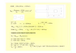 USAR: 2.30 x 2.30 m. ( 5.29 m2 )
m
L
n
2m/T39.78
5.29
210.46
zA
efectivo2P
nuW ===
π r2 = a2
a2 = π 352 => a = 62.04 cm.
Mumax = Wnu |2
v / 2 = ( 39.78 x 2.30 ) 0.842 / 2 = 32.28 t- m
USAR: hmin = 0.50 m. => dpr. = 50 - ( 7.5 + 1.91 ) = 40.59 cm.
m.0.84
2
0.62-2.30
vl ==
VERIFICACION POR PUNZONAMIENTO
Vu = Puz efect. - Wnu ( m ) ( n )
m = 0.84 + 0.62 + 0.41 / 2 = 1.66 m.
n = 0.50 + 0.41 = 0.91 m.
Vu = 210.46 - 39.78 * 1.6 * 0.91 = 150.37 t
bo = 2 m + n = 2 * 1.66 + 0.91 = 4.23 m.
t.200.49
Ø
uV
nV == T266.40)0.41()4.23()10(210*1.06dobc'f1.06cV ===
 