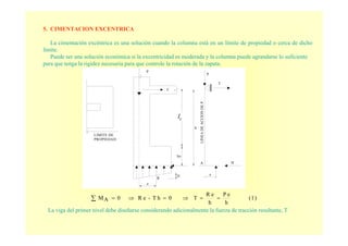 5. CIMENTACION EXCENTRICA
La cimentación excéntrica es una solución cuando la columna está en un límite de propiedad o cerca de dicho
límite.
Puede ser una solución económica si la excentricidad es moderada y la columna puede agrandarse lo suficiente
para que tenga la rigidez necesaria para que controle la rotación de la zapata.
)1(
h
eP
h
eR
T0hT-eR0AM ==⇒=⇒=∑
La viga del primer nivel debe diseñarse considerando adicionalmente la fuerza de tracción resultante, T
h
Ic
e
D
ho
PROPIEDAD
R
LIMITE DE
LINEADEACCIONDEP
A
e
H
P
T
T
P
cl
 