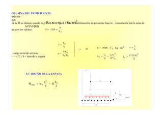 a
b
1
1
ho/2
ho
H
d
OLUMNA DEL PRIMER NIVEL
ondición :
nde
lor de Ø se obtiene usando la gráfica de la figura 1 para la determinación de presiones bajo la cimentación (de la tesis de
ACEVEDO).
tra con los valores:
2cm/Kg12σ-1σD ≤=
zA
P
Ø12-D ∈=
Ø
cl
oh
s
zIok
ckE
ρ
→
⎪
⎪
⎭
⎪
⎪
⎬
⎫
=
=
2cm/Kgc'f15000E =
cl*12
3
2t1t
lc
cI
ck ==
= carga axial de servicio
z = ( T ) b = área de la zapata
12
3)b()T(
zI =
b
e
=∈
5.3 DISEÑO DE LA ZAPATA
2
h
H-
2
a
wM o
2
nmáx =
 