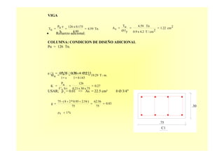 VIGA
• Refuerzo adicional.
COLUMNA: CONDICION DE DISEÑO ADICIONAL
Pu = 126 Tn.
e / t = 0.175 / 0.75 = 0.233
USAR; ρ t = 0.01 => As = 22.5 cm² 8 Ø 3/4"
Tn.4.59
4.80
0.175x126
h
euP
uT ===
2cm1.22
2cm/T4.2x0.9
Tn4.59
yfØ
uT
sA ===
m.-T19.29
0.1431
0.175x126
s1
euP
uM =
+
=
+
=
0.27
75x30x0.21
126
tbc'f
uP
K ===
0.83
75
62.56
75
)2.540.95*28(-75
g ==
++
=
%1tρ <
.75
.30
C1
 