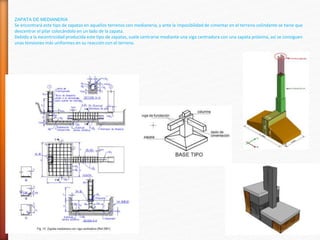 ZAPATA DE MEDIANERÍA
Se encontrará este tipo de zapatas en aquellos terrenos con medianería, y ante la imposibilidad de cimentar en el terreno colindante se tiene que
descentrar el pilar colocándolo en un lado de la zapata.
Debido a la excentricidad producida este tipo de zapatas, suele centrarse mediante una viga centradora con una zapata próxima, así se consiguen
unas tensiones más uniformes en su reacción con el terreno.
 