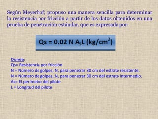 Según Meyerhof; propuso una manera sencilla para determinar
la resistencia por fricción a partir de los datos obtenidos en una
prueba de penetración estándar, que es expresada por:
Donde:
Qs= Resistencia por fricción
N = Número de golpes, N, para penetrar 30 cm del estrato resistente.
N = Número de golpes, N, para penetrar 30 cm del estrato intermedio.
As= El perímetro del pilote
L = Longitud del pilote
 