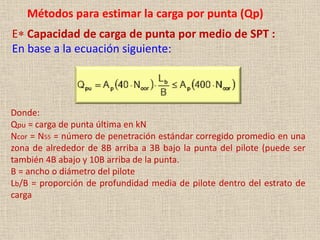 Métodos para estimar la carga por punta (Qp)
E* Capacidad de carga de punta por medio de SPT :
En base a la ecuación siguiente:
Donde:
Qpu = carga de punta última en kN
Ncor = N55 = número de penetración estándar corregido promedio en una
zona de alrededor de 8B arriba a 3B bajo la punta del pilote (puede ser
también 4B abajo y 10B arriba de la punta.
B = ancho o diámetro del pilote
Lb/B = proporción de profundidad media de pilote dentro del estrato de
carga
 