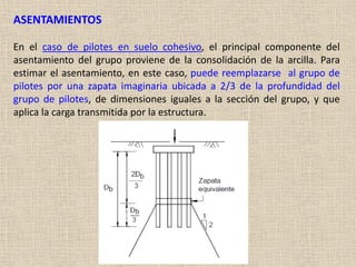 ASENTAMIENTOS
En el caso de pilotes en suelo cohesivo, el principal componente del
asentamiento del grupo proviene de la consolidación de la arcilla. Para
estimar el asentamiento, en este caso, puede reemplazarse al grupo de
pilotes por una zapata imaginaria ubicada a 2/3 de la profundidad del
grupo de pilotes, de dimensiones iguales a la sección del grupo, y que
aplica la carga transmitida por la estructura.
 