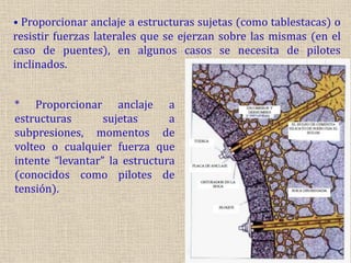 • Proporcionar anclaje a estructuras sujetas (como tablestacas) o
resistir fuerzas laterales que se ejerzan sobre las mismas (en el
caso de puentes), en algunos casos se necesita de pilotes
inclinados.
* Proporcionar anclaje a
estructuras sujetas a
subpresiones, momentos de
volteo o cualquier fuerza que
intente “levantar” la estructura
(conocidos como pilotes de
tensión).
 