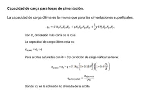 Capacidad de carga para losas de cimentación.
La capacidad de carga última es la misma que para las cimentaciones superficiales.
 