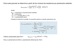 Criterio conservador para Fd=1
Para un asentamiento de 50mm y asentamiento diferencial de 19mm
Para suelo granular se determina a partir de los números de resistencia por penetración estándar:
 