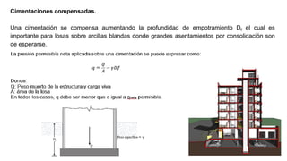 Cimentaciones compensadas.
Una cimentación se compensa aumentando la profundidad de empotramiento Df el cual es
importante para losas sobre arcillas blandas donde grandes asentamientos por consolidación son
de esperarse.
 