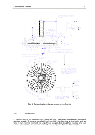 Cimentaciones y Pilotaje 16
Fig. 12 Zapata aislada circular con armadura circunferencial
3.1.3 Zapata corrida
La zapata corrida es una zapata continua que servirá como cimentación generalmente a un muro de
hormigón armado. El elemento estructural que transmitirá los esfuerzos a la cimentación será por
tanto un muro. El muro transmitirá una carga lineal a la zapata. Esta solución es muy apta tanto para
edificios residenciales como industriales con sótanos que requieran de muros de contención.
 
