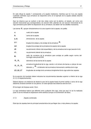 Cimentaciones y Pilotaje 21
En este dibujo la zapata 1 corresponde a la zapata medianera, mientras que la 2 es una zapata
cuadrada centrada cuya armadura se dispondrá como en el ejemplo de la zapata aislada descrito
anteriormente.
Aquí se observa que se vuelven a dar dos vistas como son la planta y el alzado, así como una
sección transversal que corresponderá a la sección B-B, además de una sección transversal de la
viga centradora para definir la disposición de su armadura. Se deben dar los detalles necesarios.
Las barras 1Φ apoyan directamente en la cara superior de la zapata, sin patilla.
v: vuelo de la zapata
h: canto de la zapata
a, b: dimensiones de la zapata
L1: longitud de solape y de anclaje de la armadura 1Φ
L2: longitud de anclaje de la armadura de espera de la zapata
r2: recubrimiento inferior del emparrillado y de la armadura de la viga (sección A-A)
r1: recubrimiento lateral de la armadura
R:
radio de curvatura de la armadura para anclaje en patilla según norma del
hormigón estructural EHE
54 ,ΦΦ diámetros de las barras de la zapata
732 ,, ΦΦΦ
armadura longitudinal de la viga, siendo n el número de barras a colocar de ese
diámetro, y 6Φ
el diámetro de la armadura transversal o estribos de la viga
L5, L6, L7 longitudes de anclaje de la armadura longitudinal de la viga sobre las zapatas
En la sección A-A también deben indicarse los recubrimientos laterales superior e inferior de la viga
(rl, r3, r2 respectivamente).
Deberá dejarse una distancia de desde la cara de la zapata hasta el primer estribo o cerco de la viga
debiendo anotarse también en los planos. En este ejemplo esa distancia será de 5cm.
El hormigón de limpieza serán 10cm.
La viga centradora habría que definirla como cualquier otra viga, cosa que aquí no se ha realizado
pues no se ha indicado la separación entre estribos aunque sí la dimensión de éstos.
3.1.5 Zapata combinada
Este tipo de zapatas tiene la principal característica de que llegan dos o más pilares a la zapata:
 