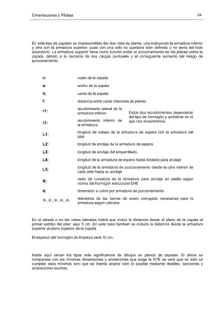 Cimentaciones y Pilotaje 24
En este tipo de zapatas es imprescindible dar dos vista de planta, una incluyendo la armadura inferior
y otra con la armadura superior, pues con una sólo no quedaría bien definida o no sería del todo
aclaratorio. La armadura superior tiene como función evitar el punzonamiento de los pilares sobre la
zapata, debido a la cercanía de dos cargas puntuales y el consiguiente aumento del riesgo de
punzonamiento.
v: vuelo de la zapata
a: ancho de la zapata
h: canto de la zapata
f: distancia entre caras interiores de pilares
r1:
recubrimiento lateral de la
armadura inferior.
r2:
recubrimiento inferior de
la armadura.
Estos dos recubrimientos dependerán
del tipo de hormigón y ambiente en el
que nos encontremos.
L1:
longitud de solape de la armadura de espera con la armadura del
pilar.
L2: longitud de anclaje de la armadura de espera.
L3: longitud de anclaje del emparrillado.
L4: longitud de la armadura de espera hasta doblado para anclaje
L5:
longitud de la armadura de punzonamiento desde la cara interior de
cada pilar hasta su anclaje
R:
radio de curvatura de la armadura para anclaje en patilla según
norma del hormigón estructural EHE
b: dimensión a cubrir por armadura de punzonamiento
54321 ,,,, ΦΦΦΦΦ diámetros de las barras de acero corrugado necesarias para la
armadura según cálculos
En el alzado o en las vistas laterales habrá que incluir la distancia desde el plano de la zapata al
primer estribo del pilar: aquí 5 cm. En este caso también se incluirá la distancia desde la armadura
superior al plano superior de la zapata.
El espesor del hormigón de limpieza será 10 cm.
Hasta aquí serían los tipos más significativos de dibujos en planos de zapatas. Si ahora se
comparase con las mínimas dimensiones y anotaciones que exige la NTE se verá que no sólo se
cumplen esos mínimos sino que se intenta aclarar todo lo posible mediante detalles, secciones y
aclaraciones escritas.
 