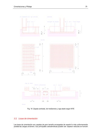 Cimentaciones y Pilotaje 25
Fig. 18 Zapata centrada, de medianeria y viga atado según NTE
3.2. Losas de cimentación
Las losas de cimentación son zapatas de gran tamaño encargadas de repartir lo más uniformemente
posible las cargas al terreno. Sus principales características pueden ser: espesor reducido en función
 