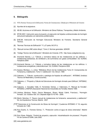Cimentaciones y Pilotaje 69
6. Bibliografía
[1] NTE (Normas Técnicas de la Edificación). Norma de Cimentaciones. Editada por el Ministerio de Fomento
[2] Apuntes de la asignatura.
[3] AE-88. Acciones en la Edificación. Ministerio de Obras Públicas, Transportes y Medio Ambiente.
[4] EFHE-2001. Instrucción para el proyecto y la ejecución de forjados unidireccionales de hormigón
estructural realizados con elementos prefabricados.
[5] EHE-98. Instrucción de Hormigón Estructural; Ministerio de Fomento. Secretaría General
Técnica.
[6] "Normas Técnicas de Edificación" 1ª y 2ª parte; M.O.P.U.
[7] “Manual normas UNE sobre dibujo”; Tomo 3. Normas generales: AENOR
[8] “Código Técnico de la Edificación”; Ministerio de Vivienda .CTE; http://www.codigotecnico.org
[9] Arizmendi Barnes, L.J; “Cálculo y normativa básica de las instalaciones en los edificios: i.
Instalaciones hidráulicas, de ventilación y de suministros con gases combustibles”; Ed. EUNSA;
Pamplona 2005
[10] Arizmendi Barnes, L.J; “Cálculo y normativa básica de las instalaciones en los edificios: ii.
Instalaciones energéticas y electrotécnicas”; Ed. EUNSA; Pamplona 2005
[11] Azpiazu Monteys, J. y otros; “Biblioteca Atrium de las instalaciones Tomo IV: Componentes de
Fontanería y Calefacción; Tomo V: Calefacción”; Ed. Atrium; 1990
[12] Calavera, J.; “Cálculo, construcción y patología de forjados de edificación”; INTEMAC (Instituto
Técnico de Materiales y Construcciones)
[13] Calavera, J.; “Proyecto y Cálculo de Estructuras de Hormigón Armado para Edificios”; INTEMAC;
1985.
[14] Calavera, J; González Valle, E; Fernández Gómez, J; Valenciano, F; “Manual de Ferralla”;
INTEMAC y ANIFER (Asociación Nacional de Industriales de Ferralla); Madrid 1999.
[15] Jiménez Montoya, Pedro; García Meseguer, Álvaro; Morán Cabré, Francisco.; “Hormigón
Armado”; Ed. Gustavo Gili, S.A. Depósito legal: B.18.748 – 2000.
[16] Martín Sánchez, F; “Nuevo manual de instalaciones de fontanería, saneamiento y calefacción”
Ed. de Arquitectura Técnica; Madrid, 2007
[17]“Tolerancias en la Construcción de Obras de Hormigón”; Cuadernos INTEMAC nº 18, segundo
trimestre de 1.995.
[18] Ruiz Duerto, A.; Ferreres Gómez, T.; “Protección contra el agua de obras enterradas”. Madrid
1995.
[19] Ruiz Gines, Roberto; “Control de proyecto y ejecución. Industrialización de procesos”; Proyecto
Fin de Carrera ETSIIM; Julio 2002
[20] www.geoteknia.com
 