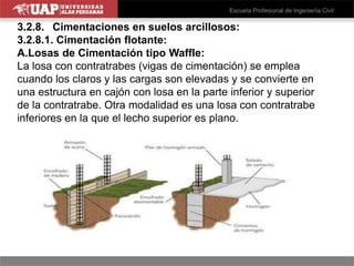 3.2.8. Cimentaciones en suelos arcillosos:
3.2.8.1. Cimentación flotante:
A.Losas de Cimentación tipo Waffle:
La losa con contratrabes (vigas de cimentación) se emplea
cuando los claros y las cargas son elevadas y se convierte en
una estructura en cajón con losa en la parte inferior y superior
de la contratrabe. Otra modalidad es una losa con contratrabe
inferiores en la que el lecho superior es plano.
 