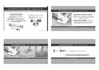 H I D R Ó X I D O D E C Á L C I O
CRAIG, 2002; ANUSAVICE, 2013
Controle do tempo de trabalho
Baixa dissolução em ácido (<0,5%)
Baixa solubilidade após 24h em água (<0,1%)
Alta resistência a compressão (80 MPa)
Resina polimérica permite melhor união a materiais
restauradores resinosos
Características gerais
F O T O A T I V A D O
Comprimentos iguais de duas pastas de cores diferentes são
dispensados num bloco de papel e depois misturados até
atingirem cor uniforme.
M A N I P U L A Ç Ã O
H I D R Ó X I D O D E C Á L C I O
CRAIG, 2002
MISTURA PASTA-PASTA
TEMPO DE PRESA: 2-3min
Aumento de umidade e temperatura diminui tempo de
presa e trabalho. Em boca o tempo de presa é menor!
M A N I P U L A Ç Ã O
H I D R Ó X I D O D E C Á L C I O
CRAIG, 2002
Pasta Base + Pasta Catalisadora
Partes igueis
Mistura entre 10-15seg até obter
mistura uniforme Inserção na cavidade
CRAIG, 2002
Aplicador de Hidróxido de Cálcio/Instrumento de Caulk
Beija-Flor: Pó de Hidróxido de Cálcio
M A N I P U L A Ç Ã O
H I D R Ó X I D O D E C Á L C I O
 