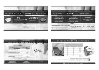 C O M P O S I Ç Ã O
M I N E R A L T R I Ó X I D O A G R E G A D O
Água estéril
LÍQUIDO
ANUSAVICE, 2013
PÓ
Principais Componentes
Cargas Radiopacas
Outros componentes
+
C O M P O S I Ç Ã O
M I N E R A L T R I Ó X I D O A G R E G A D O
Silicato tricálcico
Silicato dicálcico
PRINCIPAIS
COMPONENTES
Óxido de Bismuto
ou Óxido de Tantálio
Aluminato de Cálcio
Gesso
CARGAS
RADIOPACAS
OUTROS
Hidraulicamente ativos: Tomam presa com água
Aglomerante hidráulico: Toma presa através de reação
com água, e forma um produto resistente à água.
TORRES, 2013; ANUSAVICE, 2013
COMPOSIÇÃO DO PÓ
Reação: Hidratação dos silicatos
CARGAS
RADIOPACAS
C O M P O S I Ç Ã O
M I N E R A L T R I Ó X I D O A G R E G A D O
OUTROS
Composição do Mineral Trióxido Agregado
Fases Cerâmicas % em Peso
Silicato tricálcico: (CaO)3, SiO2 45-75
Silicato dicálcico: (CaO)2, SiO2 7-32
Cargas radiopacas: Bi2O3 ou Ta2O5 20-35
Aluminato tricálcico: (CaO)3.Al203 0-13
Tetracálcio aluminoferrita: (CaO)4.Al2O3.Fe2O3 0-18
Gesso: CaSO4.2H2O 2-10
ANUSAVICE, 2013
PRINCIPAIS
COMPONENTES
Água
estéril+
C O M P O S I Ç Ã O
V S . C I M E N T O P O R T L A N D
Análise elementar comparando Cimento Portland e o
Cimento ProRoot MTA Branco (% em peso)
Elemento Cimento Portland MTA Branco
O 48,1 38
Ca 40,3 37,1
Si 6,7 6,5
Al 2,1 0,6
S 1,5 0,9
K 0,9 -
Mg 0,3 -
Fe 1,0 -
Bi 0 16,9
ROBERTS, 2007
Partículas de tamanho reduzido e padronizado
Poucos metais pesados tóxicos (como cobre, manganês, estrôncio e arsênico)
Segue rigorosos processo de manufatura e produção
Padronização na purificação e composição
MTA
TORRES, 2013; ANUSAVICE, 2013
M I N E R A L T R I Ó X I D O A G R E G A D O
 