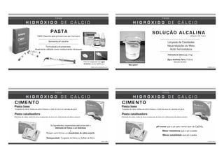 1920: Descrito pela primeira vez por Hermann
Apresenta pH alcalino
Formulação pré-preparada:
Atualmente utilizado como medicamento intracanal
H I D R Ó X I D O D E C Á L C I O
TORRES, 2013; ANUSAVICE, 2013
PASTA
T I P O S
Pode ser preparada com água
destilada e pó de Ca(OH)2 p.a.
H I D R Ó X I D O D E C Á L C I O
TORRES, 2013
SOLUÇÃO ALCALINA
(Água de Cal)
Limpeza de Cavidades
Neutralização do Meio
Ação hemostática
Hidróxido de Cálcio p.a. (10g)
+
Água destilada/Soro (100ml)
Solução alcalina
T I P O S
Não agitar!
Água de Cal com Precipitado
Os ingredientes responsáveis pela presa são o
Hidróxido de Cálcio e um Salicilato
Reagem para formar um dissalicilato de cálcio amorfo.
Radiopacidade: Tungstato de Cálcio ou Sulfato de Bário
CRAIG, 2002
CIMENTO
Tungstato de cálcio, fosfato de cálcio tribásico, e óxido de zinco em salicilato de glicol.
Pasta base
Pasta catalisadora
Hidróxido de cálcio, óxido de zinco e estearato de zinco em sulfonamida de etileno tolueno.
T I P O S
H I D R Ó X I D O D E C Á L C I O
pH menor que o pó pelo menor teor de Ca(OH)2
Maior resistência que o pó e pasta
Menor solubilidade que pó e pasta
CRAIG, 2002
CIMENTO
Tungstato de cálcio, fosfato de cálcio tribásico, e óxido de zinco em salicilato de glicol.
Pasta base
Pasta catalisadora
Hidróxido de cálcio, óxido de zinco e estearato de zinco em sulfonamida de etileno tolueno.
T I P O S
H I D R Ó X I D O D E C Á L C I O
 