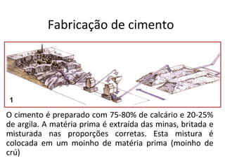 Fabricação de cimento
O cimento é preparado com 75-80% de calcário e 20-25%
de argila. A matéria prima é extraída das minas, britada e
misturada nas proporções corretas. Esta mistura é
colocada em um moinho de matéria prima (moinho de
crú)
 