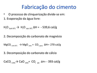 Fabricação do cimento
• O processo de clinquerização divide-se em:
1. Evaporação da água livre:
H2O (líquido100°C) → H2O (vapor,100°C) ΔH = - 539,6 cal/g
2. Decomposição do carbonato de magnésio
MgCO3 (sólido340°C) → MgO (sólido) + CO2 (gasoso) ΔH=- 270 cal/g
3. Decomposição do carbonato de cálcio
CaCO3 (sólido)→ CaO (sólido)+ CO2 (gás) ΔH= - 393 cal/g
 