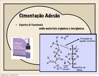 Cimentação Adesão
Agentes bi-funcionais
união materiais orgânicos e inorgânicos
segunda-feira, 11 de março de 13
 