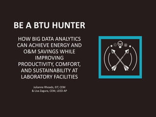 BE A BTU HUNTER
HOW BIG DATA ANALYTICS
CAN ACHIEVE ENERGY AND
O&M SAVINGS WHILE
IMPROVING
PRODUCTIVITY, COMFORT,
AND SUSTAINABILITY AT
LABORATORY FACILITIES
Julianne Rhoads, EIT, CEM
& Lisa Zagura, CEM, LEED AP
 