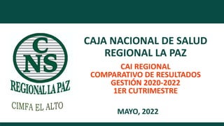 CAJA NACIONAL DE SALUD
REGIONAL LA PAZ
CAI REGIONAL
COMPARATIVO DE RESULTADOS
GESTIÓN 2020-2022
1ER CUTRIMESTRE
MAYO, 2022
 