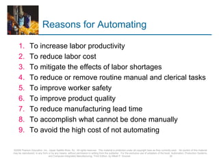 Reasons for Automating
1. To increase labor productivity
2. To reduce labor cost
3. To mitigate the effects of labor shortages
4. To reduce or remove routine manual and clerical tasks
5. To improve worker safety
6. To improve product quality
7. To reduce manufacturing lead time
8. To accomplish what cannot be done manually
9. To avoid the high cost of not automating
©2008 Pearson Education, Inc., Upper Saddle River, NJ. All rights reserved. This material is protected under all copyright laws as they currently exist. No portion of this material
may be reproduced, in any form or by any means, without permission in writing from the publisher. For the exclusive use of adopters of the book Automation, Production Systems,
and Computer-Integrated Manufacturing, Third Edition, by Mikell P. Groover. 32
 