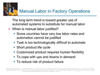 Manual Labor in Factory Operations
The long term trend is toward greater use of
automated systems to substitute for manual labor
 When is manual labor justified?
 Some countries have very low labor rates and
automation cannot be justified
 Task is too technologically difficult to automate
 Short product life cycle
 Customized product requires human flexibility
 To cope with ups and downs in demand
 To reduce risk of product failure
©2008 Pearson Education, Inc., Upper Saddle River, NJ. All rights reserved. This material is protected under all copyright laws as they currently exist. No portion of this material
may be reproduced, in any form or by any means, without permission in writing from the publisher. For the exclusive use of adopters of the book Automation, Production Systems,
and Computer-Integrated Manufacturing, Third Edition, by Mikell P. Groover. 34
 