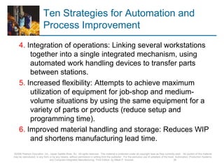 Ten Strategies for Automation and
Process Improvement
4. Integration of operations: Linking several workstations
together into a single integrated mechanism, using
automated work handling devices to transfer parts
between stations.
5. Increased flexibility: Attempts to achieve maximum
utilization of equipment for job-shop and medium-
volume situations by using the same equipment for a
variety of parts or products (reduce setup and
programming time).
6. Improved material handling and storage: Reduces WIP
and shortens manufacturing lead time.
©2008 Pearson Education, Inc., Upper Saddle River, NJ. All rights reserved. This material is protected under all copyright laws as they currently exist. No portion of this material
may be reproduced, in any form or by any means, without permission in writing from the publisher. For the exclusive use of adopters of the book Automation, Production Systems,
and Computer-Integrated Manufacturing, Third Edition, by Mikell P. Groover. 39
 