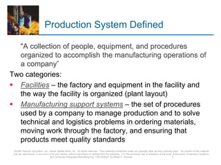 Production System Defined
“A collection of people, equipment, and procedures
organized to accomplish the manufacturing operations of
a company”
Two categories:
 Facilities – the factory and equipment in the facility and
the way the facility is organized (plant layout)
 Manufacturing support systems – the set of procedures
used by a company to manage production and to solve
technical and logistics problems in ordering materials,
moving work through the factory, and ensuring that
products meet quality standards
©2008 Pearson Education, Inc., Upper Saddle River, NJ. All rights reserved. This material is protected under all copyright laws as they currently exist. No portion of this material
may be reproduced, in any form or by any means, without permission in writing from the publisher. For the exclusive use of adopters of the book Automation, Production Systems,
and Computer-Integrated Manufacturing, Third Edition, by Mikell P. Groover. 7
 