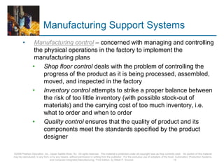 Manufacturing Support Systems
• Manufacturing control – concerned with managing and controlling
the physical operations in the factory to implement the
manufacturing plans
• Shop floor control deals with the problem of controlling the
progress of the product as it is being processed, assembled,
moved, and inspected in the factory
• Inventory control attempts to strike a proper balance between
the risk of too little inventory (with possible stock-out of
materials) and the carrying cost of too much inventory, i.e.
what to order and when to order
• Quality control ensures that the quality of product and its
components meet the standards specified by the product
designer
©2008 Pearson Education, Inc., Upper Saddle River, NJ. All rights reserved. This material is protected under all copyright laws as they currently exist. No portion of this material
may be reproduced, in any form or by any means, without permission in writing from the publisher. For the exclusive use of adopters of the book Automation, Production Systems,
and Computer-Integrated Manufacturing, Third Edition, by Mikell P. Groover. 18
 