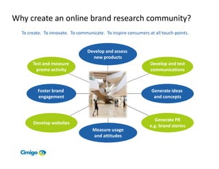 Why create an online brand research community?
  To create. To innovate. To communicate. To inspire consumers at all touch-points.


                                 Develop and assess
                                   new products
       Test and measure                                         Develop and test
         promo activity                                         communications



         Foster brand                                           Generate ideas
         engagement                                              and concepts



                                                                  Generate PR
       Develop websites
                                                                e.g. brand stories
                                    Measure usage
                                    and attitudes
 