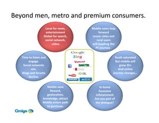 Beyond men, metro and premium consumers.
                    Local for news,     Mobile users leap
                    entertainment            forward
                   Global for search,   Lesser cities and
                    social network,        rural users
                         video.         will leapfrog the
                                          PC journey .


   Time to listen and                                   Youth saturated
        engage.                                          But mobile will
    Social networks                                         grow 35+
          win.                                             And online
   Blogs and forums                                    journey changes…
        decline.


                     Mobile ease              In home
                       Reward,               Excessive
                     geolocation,          Infotainment
                  knowledge, attract      Are you part of
                  Mobile enters path       the dialogue?
                     to purchase.
 