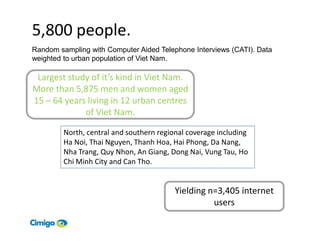 5,800 people.
Random sampling with Computer Aided Telephone Interviews (CATI). Data
weighted to urban population of Viet Nam.

 Largest study of it’s kind in Viet Nam.
More than 5,875 men and women aged
15 – 64 years living in 12 urban centres
             of Viet Nam.

         North, central and southern regional coverage including
         Ha Noi, Thai Nguyen, Thanh Hoa, Hai Phong, Da Nang,
         Nha Trang, Quy Nhon, An Giang, Dong Nai, Vung Tau, Ho
         Chi Minh City and Can Tho.


                                          Yielding n=3,405 internet
                                                    users
 