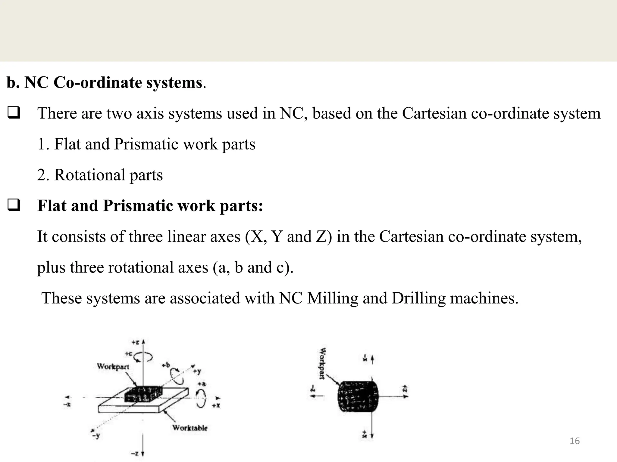16
b. NC Co-ordinate systems.
 There are two axis systems used in NC, based on the Cartesian co-ordinate system
1. Flat and Prismatic work parts
2. Rotational parts
 Flat and Prismatic work parts:
It consists of three linear axes (X, Y and Z) in the Cartesian co-ordinate system,
plus three rotational axes (a, b and c).
These systems are associated with NC Milling and Drilling machines.
 