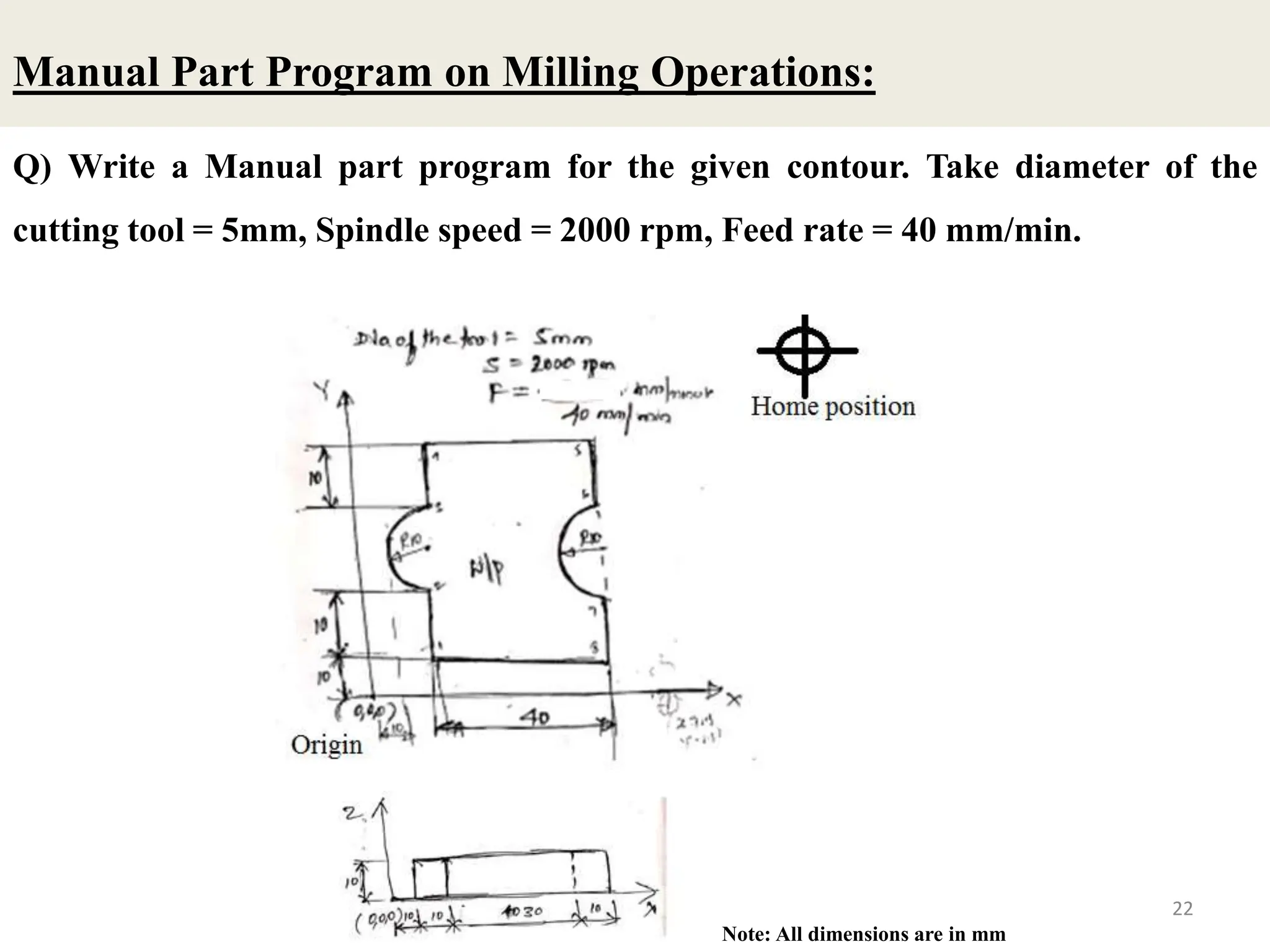 Manual Part Program on Milling Operations:
22
Q) Write a Manual part program for the given contour. Take diameter of the
cutting tool = 5mm, Spindle speed = 2000 rpm, Feed rate = 40 mm/min.
Note: All dimensions are in mm
 
