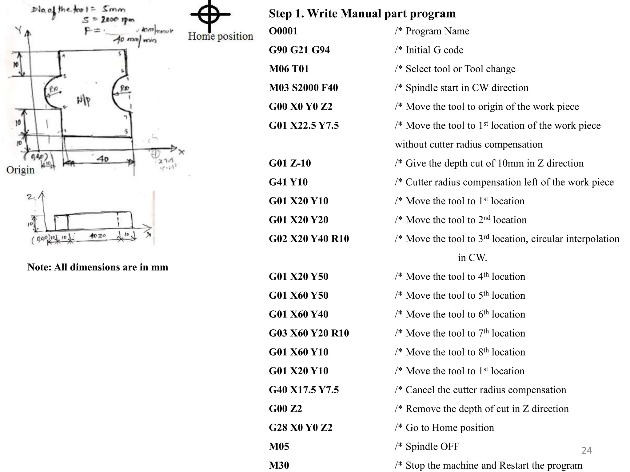24
Step 1. Write Manual part program
O0001 /* Program Name
G90 G21 G94 /* Initial G code
M06 T01 /* Select tool or Tool change
M03 S2000 F40 /* Spindle start in CW direction
G00 X0 Y0 Z2 /* Move the tool to origin of the work piece
G01 X22.5 Y7.5 /* Move the tool to 1st location of the work piece
without cutter radius compensation
G01 Z-10 /* Give the depth cut of 10mm in Z direction
G41 Y10 /* Cutter radius compensation left of the work piece
G01 X20 Y10 /* Move the tool to 1st location
G01 X20 Y20 /* Move the tool to 2nd location
G02 X20 Y40 R10 /* Move the tool to 3rd location, circular interpolation
in CW.
G01 X20 Y50 /* Move the tool to 4th location
G01 X60 Y50 /* Move the tool to 5th location
G01 X60 Y40 /* Move the tool to 6th location
G03 X60 Y20 R10 /* Move the tool to 7th location
G01 X60 Y10 /* Move the tool to 8th location
G01 X20 Y10 /* Move the tool to 1st location
G40 X17.5 Y7.5 /* Cancel the cutter radius compensation
G00 Z2 /* Remove the depth of cut in Z direction
G28 X0 Y0 Z2 /* Go to Home position
M05 /* Spindle OFF
M30 /* Stop the machine and Restart the program
Note: All dimensions are in mm
 