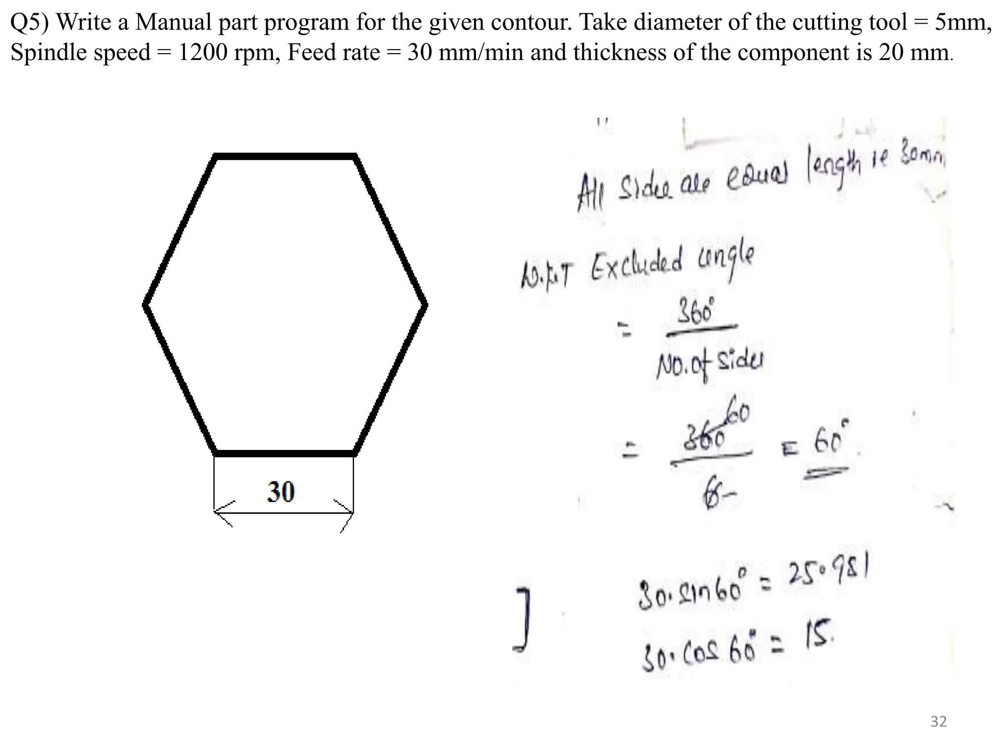 32
Q5) Write a Manual part program for the given contour. Take diameter of the cutting tool = 5mm,
Spindle speed = 1200 rpm, Feed rate = 30 mm/min and thickness of the component is 20 mm.
 