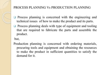 PROCESS PLANNING Vs PRODUCTION PLANNING
 Process planning is concerned with the engineering and
technical issues of how to make the product and its parts.
 Process planning deals with type of equipment and tooling
that are required to fabricate the parts and assemble the
product.
but,
Production planning is concerned with ordering materials,
procuring tools and equipment and obtaining the resources
to make the product in sufficient quantities to satisfy the
demand for it.
 
